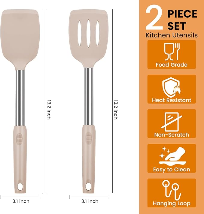Silicone Spatulas Turners, Solid & Slotted Silicone Spatula Set, Non Stick Turners,Ailsoes Heat Resistant BPA Free Rubber Spatulas for Fish, Eggs, Pancakes, WOK，2 Pack (Khaki)