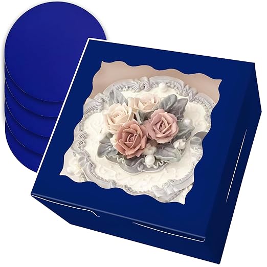 qiqee 8x8x5 Cake Box, 18 Sets Deep Blue Cake Box with Window ＆ 18 Sets 8" Deep Blue Cake Round Boards, 8inch Cake Containers