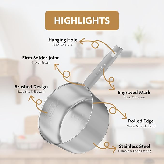 2PCS 1/2Cup(8Tbsp, 120ml, 4oz) Stainless Steel Measuring Cup, Single Metal Scoop for Wet and Dry Ingredients, Great Kitchen Gadgets for Cooking