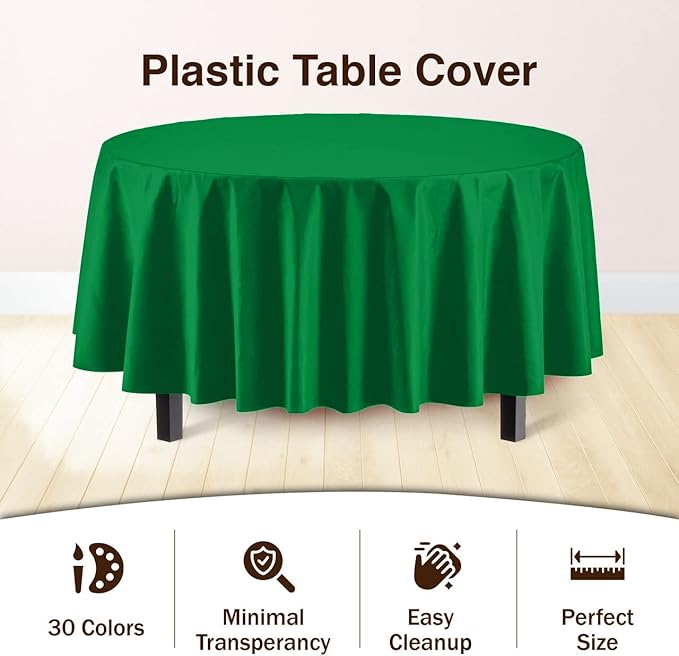 Exquisite Party Solids 12-Pack Premium Plastic Tablecloth 84in. Round Table Cover - Emerald Green