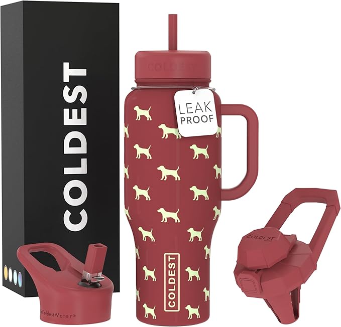 Coldest Tumbler with Handle and Straw - 100% Leak Proof Insulated Tumbler with Lid and Straw (3 Lids) - Stainless Steel Tumblers for Women & Men - Cup Holder Friendly Base, 36 oz (Baby Puppy)