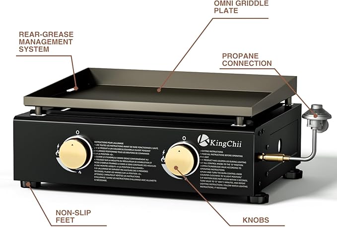 KingChii 19" Tabletop 2-Burner Griddle Portable Gas Grill with Rear Grease Trap, Powder Coated Steel, Black