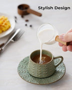 Espresso Cups Set of 6, 4 oz Demitasse Cups with Saucer and Metal Stand Small Coffee Cup Set, Porcelain Cappuccino Cups for Latte, Cafe Mocha and Tea, Green