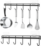 Myfolrena Adhesive Kitchen Hooks Utensil Hanger Holder Hanging Rack 2 Pack, Hanging Rack Wall Mounted Kitchen Rail for Spoons Pot Coffee Mug Cups Tags(Black)