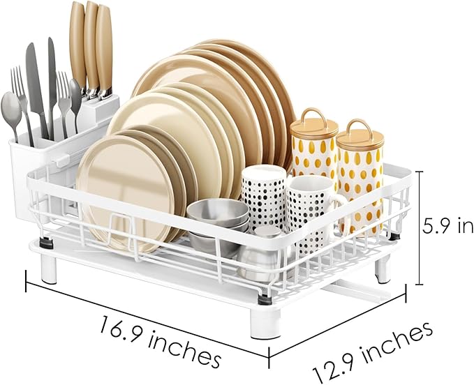 Iron Dish Drying Rack with Drainboard Dish Drainers for Kitchen Counter Extendable Spout Strainers with Utensil Holder and Knife Slots, White