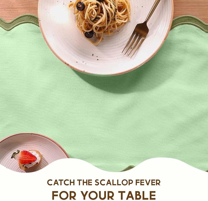 Folkulture Table Runner | Table Runners 72 inches Long | Scallop Table Runner for Farmhouse Decor or Boho Decor | Sage Green Table Runners for Dining Room Table Decor | Pastel Party Decorations