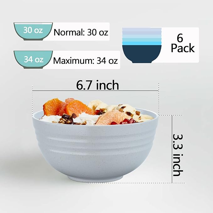Homestockplus 【Set of 6】 Unbreakable Soup Bowls, 34 Ounces Big Bowls Microwave and Dishwasher Safe BPA-Free Bowl for Cereal, Salad, Soup, Ramen,Oatmeal Apply to Kitchen, Dishwasher & Microwave Safe