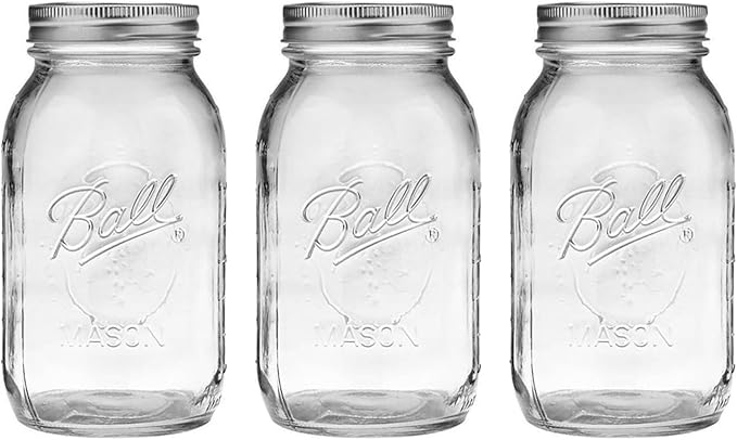 Ball Regular Mouth Glass Mason Jars with Lids and Bands, Used for Canning, Pickling, Juice, Jam, Jelly, Quart Size 32 Ounce (Pack of 3)