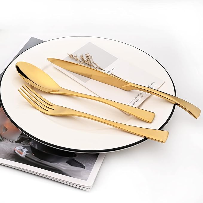 Gold Tableware 20Pcs Mirror Polished 18/10 Stainless Steel Luxury Flatware - Heavy Cutlery Set Service For 4 Include Knives/Forks/Spoons/Salad Fork/Teaspoon, Dishwasher Safe