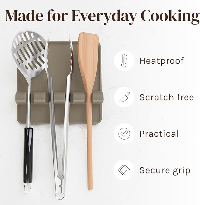 Cream Silicone Spoon Rest for Stove Top with Drip Pad (Two Pack) - Heat-Resistant, BPA-Free Utensil Rest & Spoon Holder for Kitchen Counter - Grill Utensil Holder for Spatulas, Tongs, Ladles