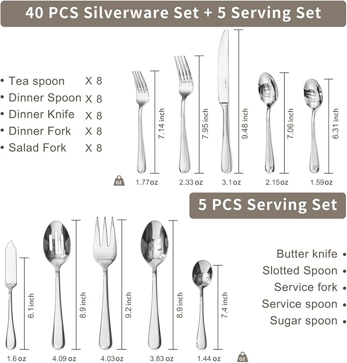 KINGSTONE 45 Pieces Silverware Set for 8, Premium Stainless Steel Flatware Set with Serving Utensils, Heavy Duty and Modern Design Cutlery Set, Mirror Polished, Dishwasher Safe