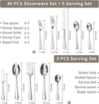 KINGSTONE 45 Pieces Silverware Set for 8, Premium Stainless Steel Flatware Set with Serving Utensils, Heavy Duty and Modern Design Cutlery Set, Mirror Polished, Dishwasher Safe