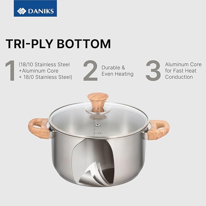 Daniks Oslo 10-Piece Stainless Steel Induction Cookware Set – Dishwasher Safe Saucepan, Frying Pan, Pots with Stay-Cool Handles, Glass Lids, Silver