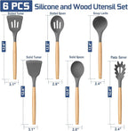 TeamFar Kitchen Utensils Set of 6, Silicone Cooking Utensils with Wooden Handles, Non-stick Cookware Tools for Cooking/Serving/Turning/Mixing, Healthy & Heat-Proof, Dark Gray
