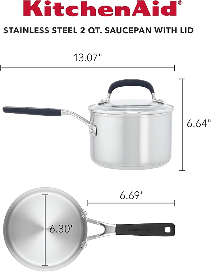 KitchenAid Stainless Steel Saucepan with Measuring Marks and Lid, 2 Quart, Brushed Stainless Steel