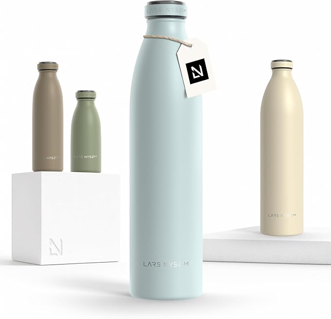 LARS NYSØM Stainless Steel Insulated Water Bottle 12 oz 17 oz 25 oz 34 oz 51 oz | Insulated Thermo Flask for Hot and Cold Beverages | Leakproof Drinking Bottle (Misty Blue, 33.8 oz)