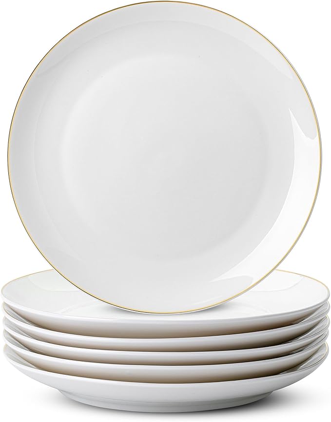 Brew To A Tea - White Porcelain Dinner Plates with Gold Rim, Set of 6, 10.5" Round, Classic Style, Solid Pattern, Durable and Easy to Clean, Not Microwave Safe