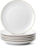 Brew To A Tea - White Porcelain Dinner Plates with Gold Rim, Set of 6, 10.5" Round, Classic Style, Solid Pattern, Durable and Easy to Clean, Not Microwave Safe