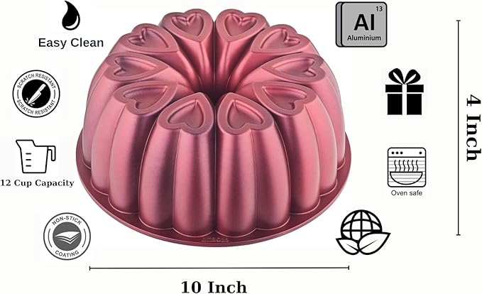 Heart Shape Aluminum Cake Pan, Titanium Coating, Non-Stick, 12 Cups, Heavy Duty, Gifts for Mom, Molded Cake Pan, 10 Inch Baking Mold, Cast Aluminum Fluted Tube Pan, Easy to Clean (Red)