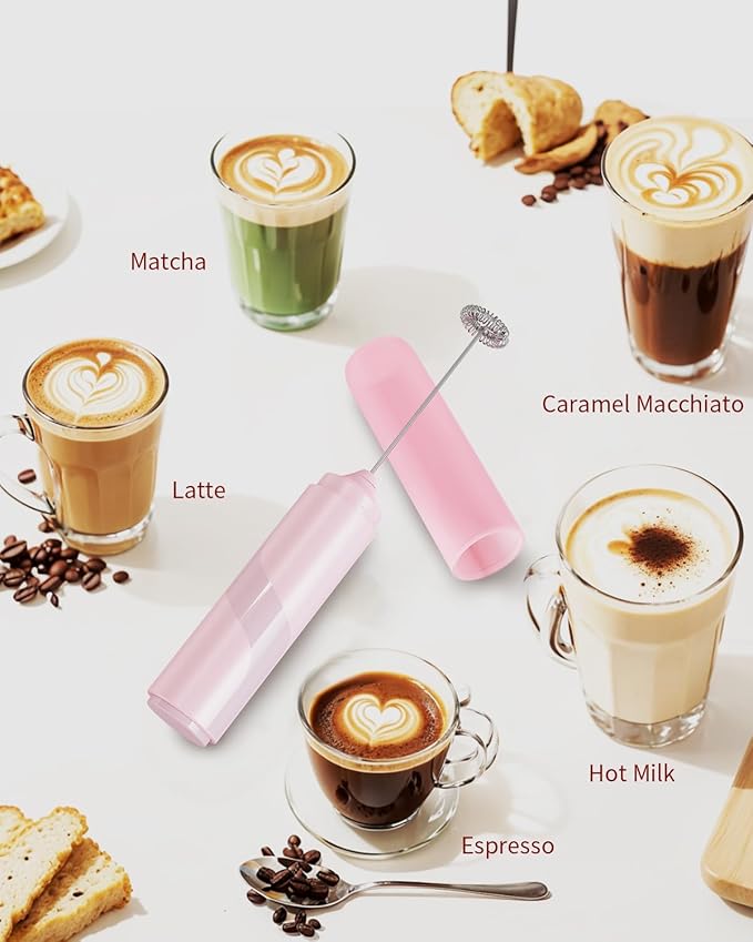 CIRCLE JOY Portable Milk Frother Hanheld, Battery Operated Electric Coffee Frother Wand Drink Mixer for Matcha Lattes Cappuccino, Kitchen Gifts, Pink