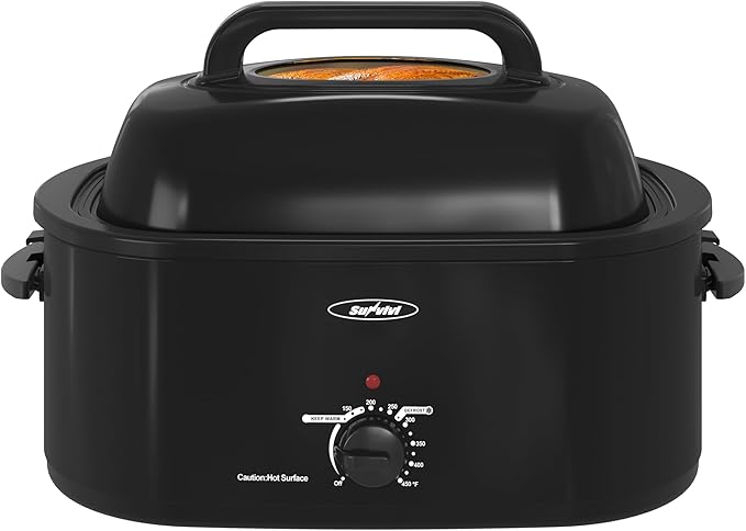 Sunvivi 26lb 22-Quart Roaster Oven, Electric Roaster Oven with Viewing Lid, Turkey Roaster with Unique Defrost/Warm Function, Large Roaster with Removable Pan & Rack, Stainless Steel, Black
