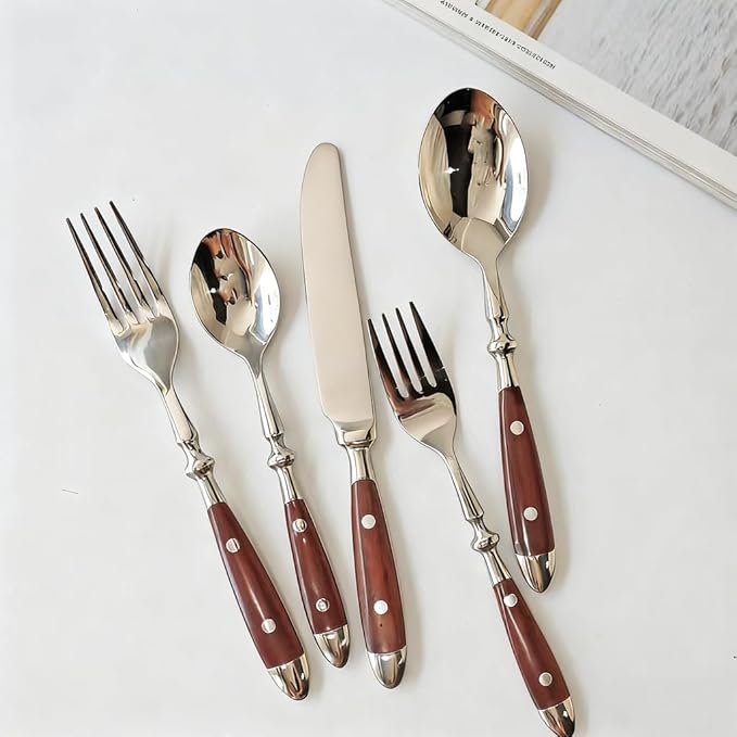 20-Piece Silverware Set Service for 4 with Two Rivets, Vintage Flatware Set, Stainless Steel Cutlery Set with Wood Grain Bakelite Handle,Dishwasher Safe, Light Brown Color