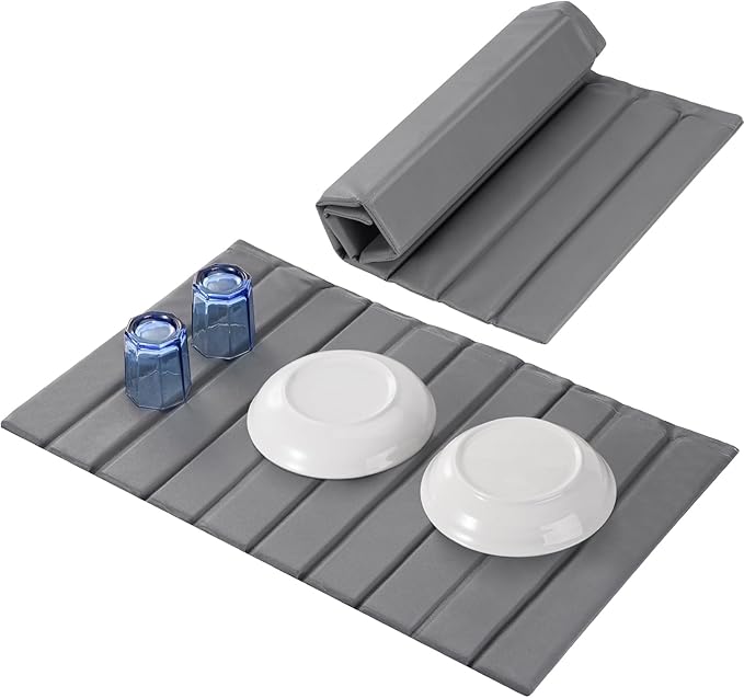 Stone Drying Mat for Kitchen Counter Collapsible, Stain-Defying PU Leather, Absorbent Diatomaceous Earth Bath Mat Quick Dry, Foldable Large Stone Dish Drying Mat for Countertop 23" x 15.3"