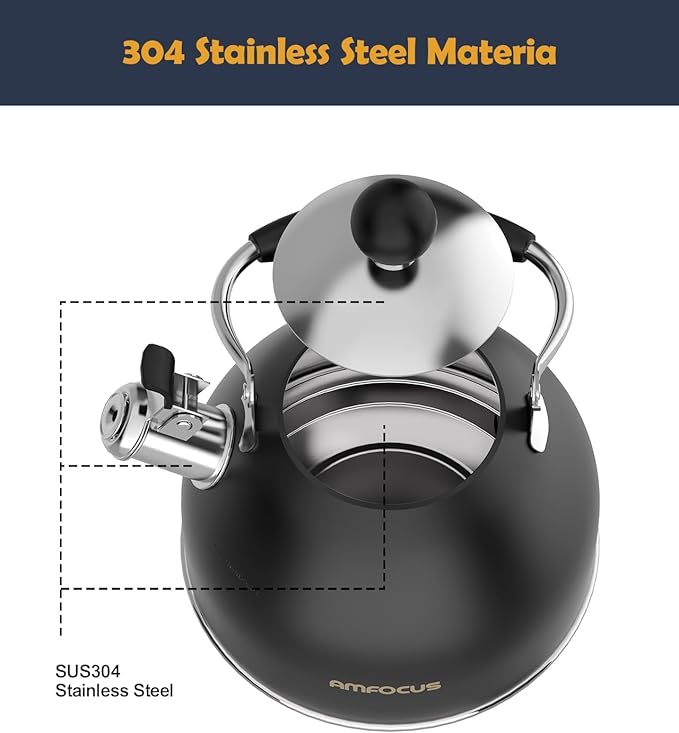 Tea Kettle, 2 Quart Stainless Steel Whistling Tea Kettle, Stovetop Whistling Teakettle Tea Pots for Stove Top with Ergonomic Folding Handle, Small Teapot, Water boiler for Tea, Coffee (Black)