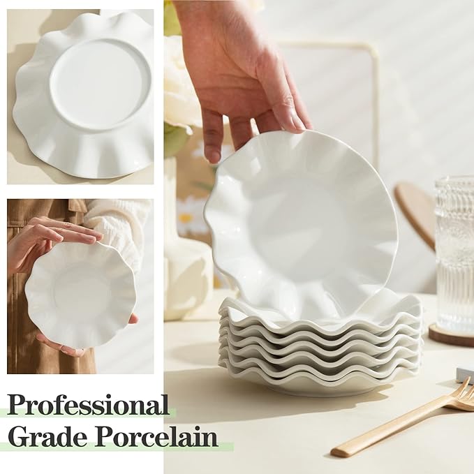 6 Inch Porcelain Appetizer Plates Set of 18, Small Dinner Plates, Dessert Salad Plates, White Wave Rim Serving Dishes for Cake, Snack, Ice Cream, Waffles, Microwave, Oven, and Dishwasher Safe