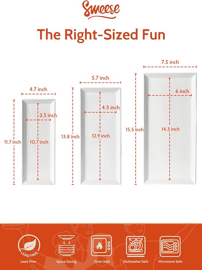 Sweese 2-Pack Porcelain Rectangular Serving Platters, White High-Grade Durable Professional, White nan 3.0 Count
