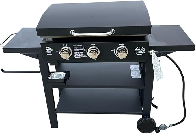 Griller's Choice Gas Griddle with Hinged Hood, Wind Guards, Front Grease Management, 4 Shelves, Propane Griddle for Flattop Grills Outdoor Cooking