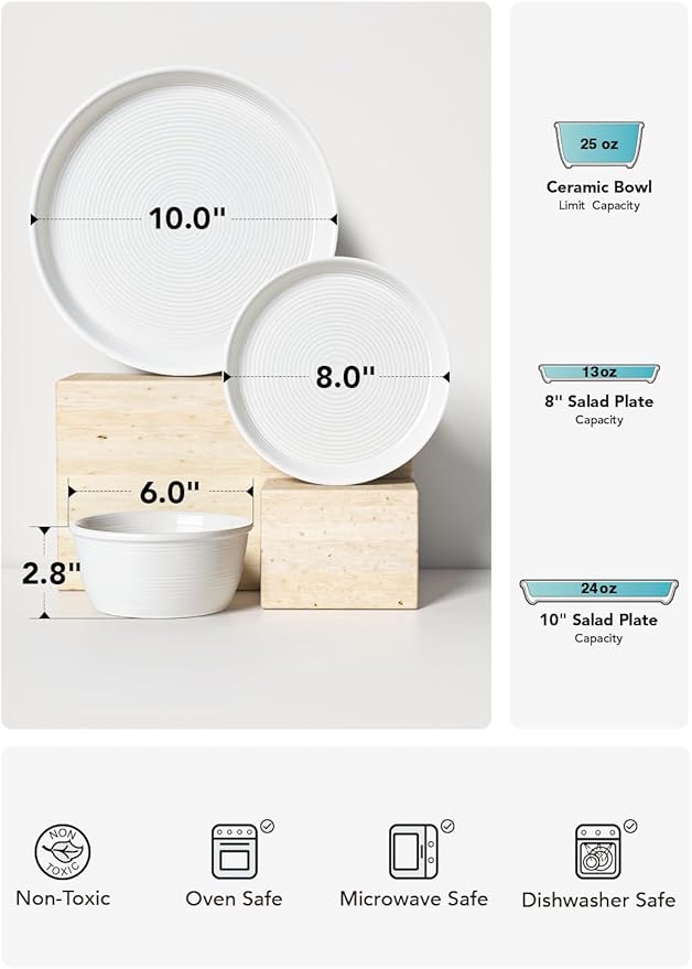 LE TAUCI 12‑Piece Ceramic Plates and Bowls Set, Service for 4 – White Farmhouse Dinnerware Sets with Deeper Plates (10" Dinner, 8" Salad, 6" Bowls), Dishwasher & Microwave Safe Stoneware Dishes