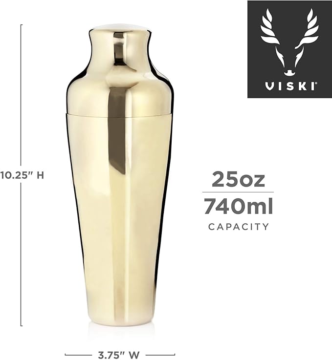 Viski Parisian Cocktail Shaker for Cold Brew Cocktails, Margarita, Espresso Martini, Contoured High Shine Polished Stainless Steel Martini Shaker, Home Bar, Bartender Gifts, 25 oz, Set of 1, Gold