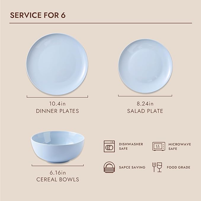 KINGSTONE Bone China Dinnerware Sets, 18-Piece Dinnerware Set for 6, Lightweight Durable, Dishwasher Safe, Tableware for Daily Use with Elegant Design, Blue