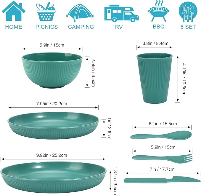 OAMCEG Plates and Bowls Sets Kitchen 42 Pcs, Plastic Wheat Straw Dinnerware Set, Dinner Plate/Dessert Plate/Cereal Bowl/Cup/Flatware Set, Dishwasher Microwave Safe, Outdoor Camping Dishes, Green