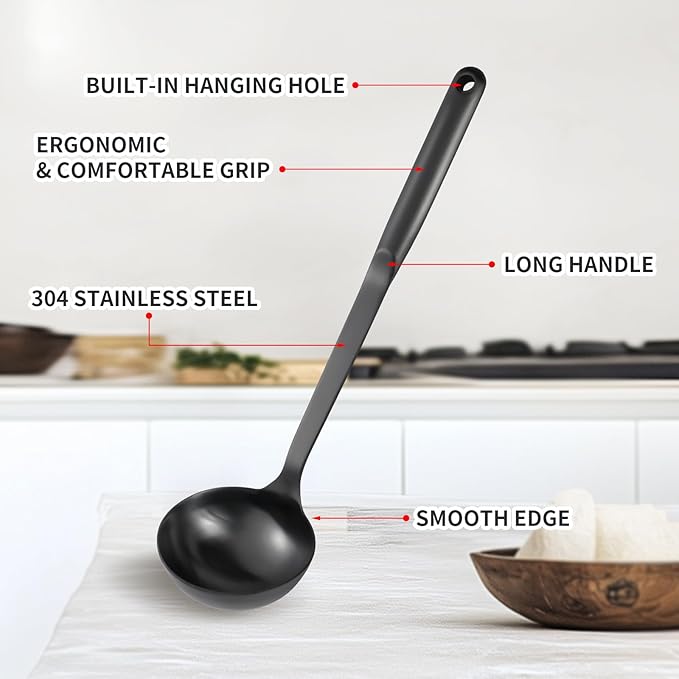 304 Stainless Steel Cooking Utensils Set, 8PCS Kitchen Utensils Set, Include Skimmer, Soup Ladle, Spaghetti Server, Wok Spatula, Slotted Spoon, Solid Spoon, Slotted Spatula Turner & Meat Fork, Black