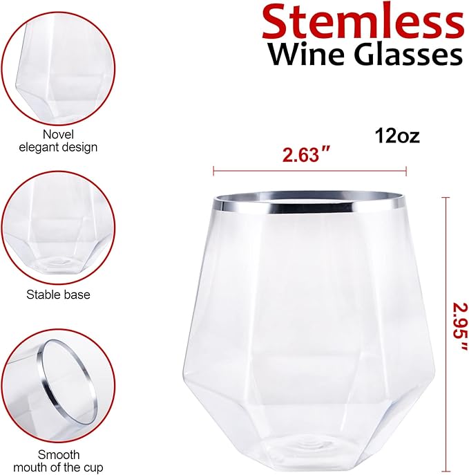 LUODA 32 Pack Silver Plastic Wine Glasses,12 Oz Disposable Whiskey Glasses, Silver Stemless Diamond Shaped Wine Glasses For Serving Wine, Cocktail, Whiskey