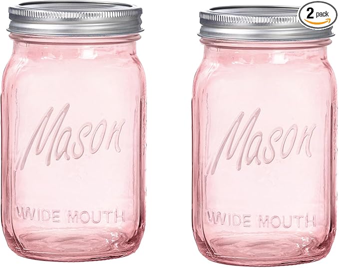 WELLIFE Pink Mason Jars 32 oz, 2 Pack Wide Mouth Mason Jars for Safe Storage, Fermenting, Pickling, DIY, Crafts Decoration
