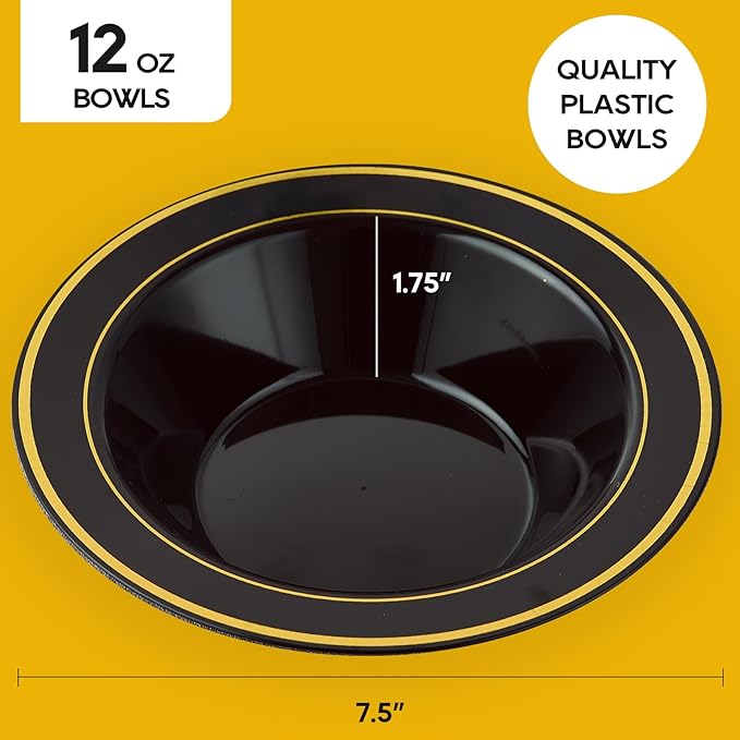 JOLLY PARTY 50PCS Black Plastic Bowls with Gold Rim-12oz, Christmas Thanksgiving Premium Disposable Soup Dessert Salad Bowls for Wedding/Party/Halloween