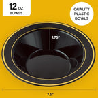 JOLLY PARTY 100PCS Black Plastic Bowls with Gold Rim-12oz Disposable Soup Bowls, Christmas Thanksgiving Premium Dessert Salad Bowls for Wedding/Party/Halloween
