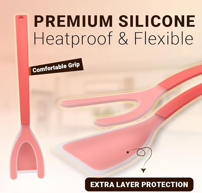 Silicone Egg Flipper Spatula Tongs (Set of 1) – Non-Stick 2-in-1 Grip & Flip Kitchen Tongs for Pancakes, Fish, Eggs, and More – Heat Resistant Cooking Tool (Black) (Red)