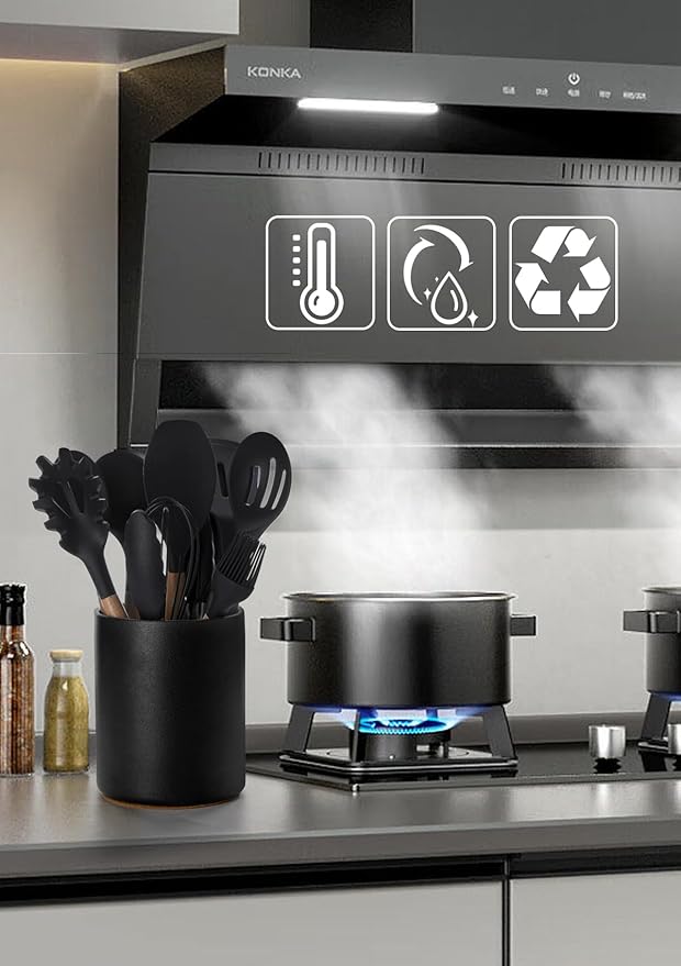 Nucookery Utensil Holder, 6.4" Ceramic Kitchen Utensil Holder with Countertop-Protection Cork Bottom, Farmhouse Kitchen Decor for Counter, Christmas Gift (Stone Black)