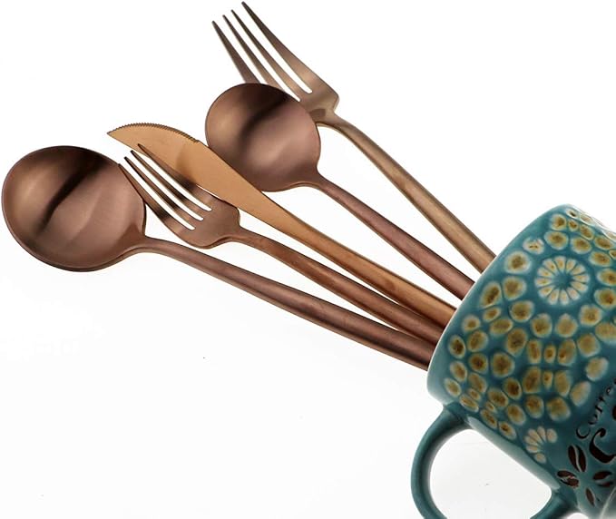 Matte Rose Gold Silverware Set,Gugrida 5-Piece 18/10 Stainless Steel Satin Finish Flatware Set,Kitchen Utensil Set,Tableware Travel Cutlery Set for Camping Office or School Lunch, Dishwasher Safe