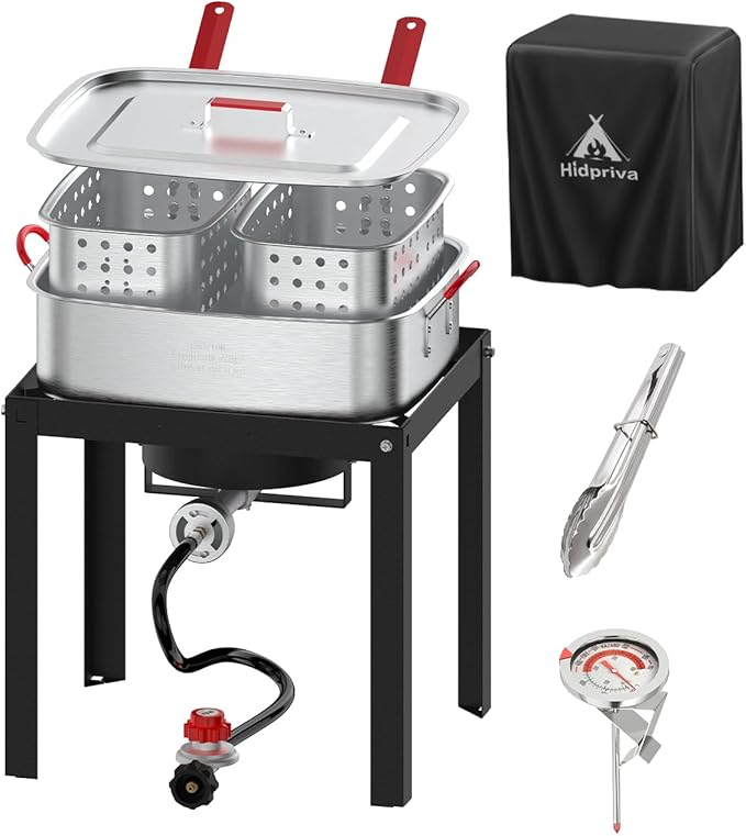 Outdoor Deep Fryer 18QT | Fish Fryer Pot with 2 * 9QT Baskets | Heat-Resistant Silicone Handles | Lid & Fryer Tong & Thermometer | For Frying Fish, French Fries, Chicken Wings | 58,000BTUs | Aluminum