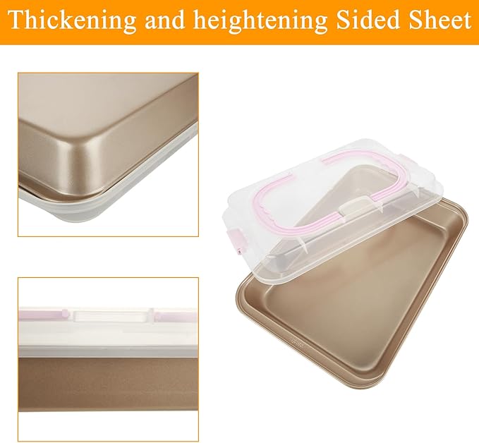 Non-Stick Cake Pan with Lid 9x13 Inch Gold Baking Cake Pan with Plastic Lid, High Sided Sheet Bakeware for Cakes, Brownies, Casseroles
