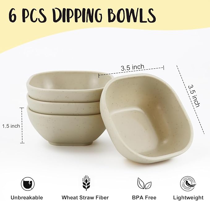 5 oz Small Wheat Straw Bowls Set of 6, Unbreakable Dipping Bowls Soy Sauce Dish, Small Dessert Bowls Snack Bowls for Kitchen, Microwave and Dishwasher Safe (Beige)