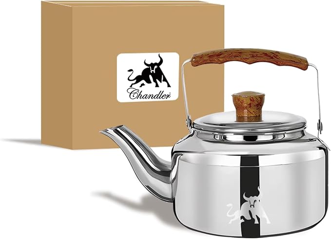 Chandler 1.24 Liter Tea Pots, Vintage Tea Kettle - 0.4mm Stainless Steel Pot - Hard to Dent | Ergonomic Handle with a Cool Grip | Portable Tea Kettle For Camping (Silver Color)