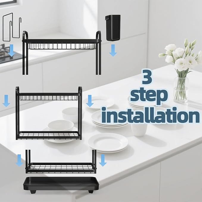 Dish Drying Rack, Stainless Steel Dish Rack, 2-Tier Kitchen Organizers for Dishes, Knives, Cups, Cutting Boards, Detachable Large Capacity Dish Drainer Organizer & Space-Saving Utensil Holder