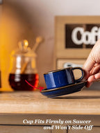 Gomakren 2.5 Ounce Espresso Cups Set of 4, Small Stackable Coffee Cups with Saucers and Metal Stand, Halloween Porcelain Demitasse Cups for Specialty Coffee Drinks, Espresso, Cappuccino, Cobalt Blue