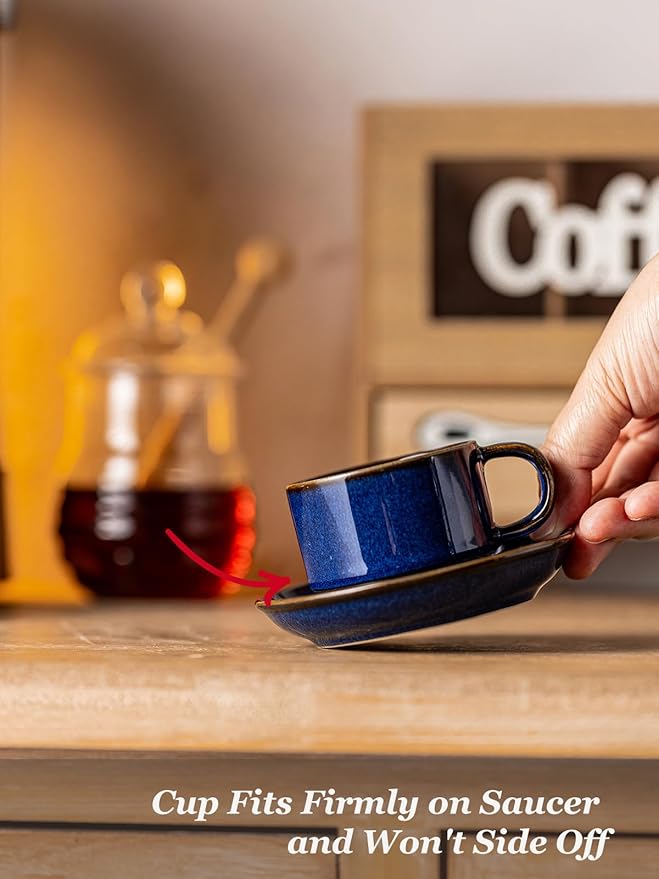 Gomakren 2.5 Ounce Espresso Cups Set of 4, Small Stackable Coffee Cups with Saucers and Metal Stand, Halloween Porcelain Demitasse Cups for Specialty Coffee Drinks, Espresso, Cappuccino, Cobalt Blue